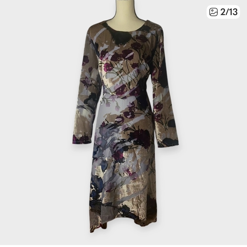 Soft Surroundings Annika Aster Grey Floral  Long Sleeve Cozy MIDI Dress